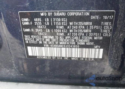 2018 Subaru Outback 2.5I Limited из США, поврежденный, VIN 4S4BSANC0J3243850